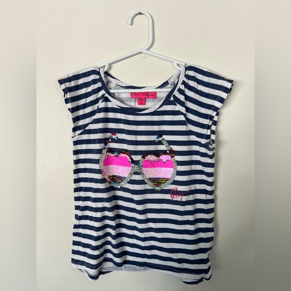 Betsey Johnson Girls' Striped Blue and White Sequin Sunglasses Top Size 7/8 - Picture 1 of 6